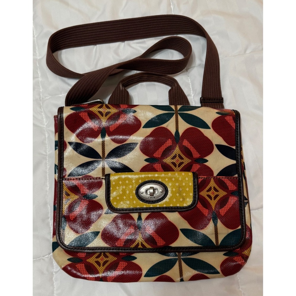 FOSSIL Key-Per Coated Canvas Shoulder Bag Tote Messenger Red Green Floral‎